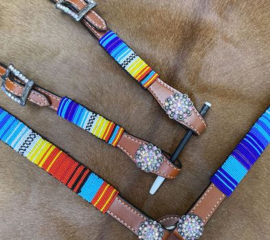 Showman 4pc. Red, Yellow and Blue beaded headstall and breast collar set with concho accents, comes with competition reins and matching wither strap #4